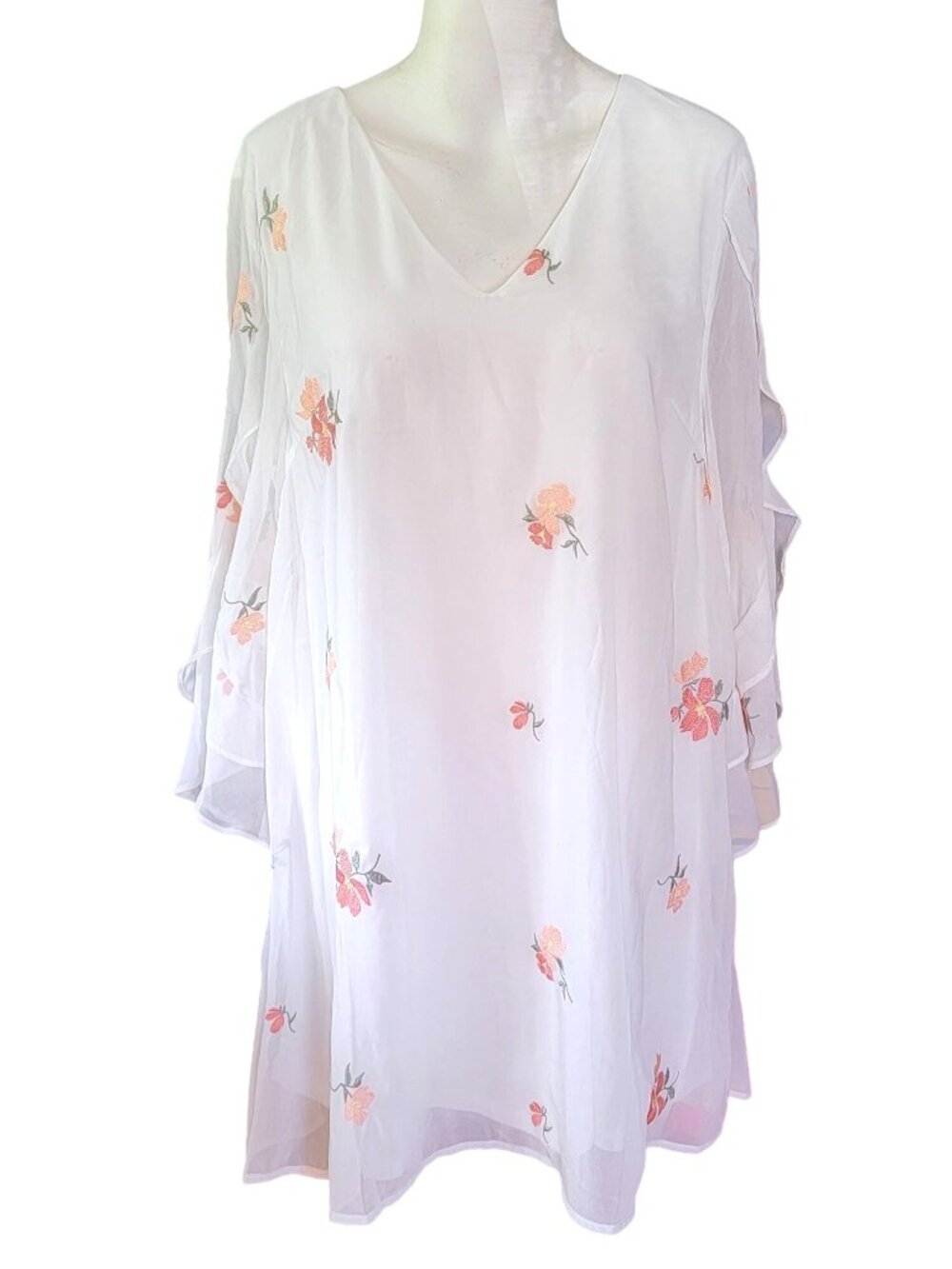 Loveriche Womens Mini Shift Dress LG White Pink Embroidered Floral Sheer Sleeve - Picture 2 of 13
